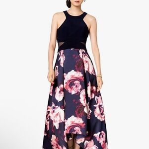 Xscape Navy and Pink Floral High Low Dress